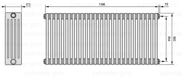 Схема (чертеж) Радиатор Zehnder Charleston 5090/26 №7610 Белый глянцевый RAL 9016